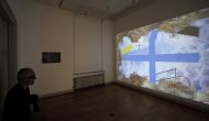 Barocke Versprechen und Konstruktive Zweifel, Einzelausstellung, Kunstmuseum Ahlen, 2019. Ansicht: ‚Kreuz und Fläche zu Raum‘ (3D-Animation, 2017).