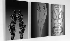 Global Vulva Plates (2014): Steinzeitliche Statuette (Europa) / Ägyptische Göttin / Altsteinzeitliche Ritz-Zeichnung (Tschechien)